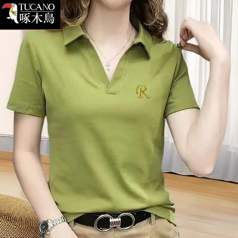 啄木鸟短袖t恤女2025年夏季新款修身显瘦设计感POLO领刺绣上衣女