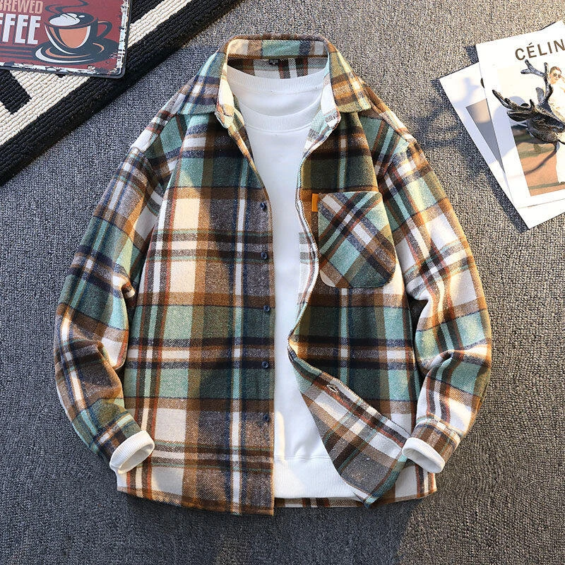 2025春季时尚格子阔版长袖棉质衬衫男士休闲百搭舒适衬衣外搭CM12