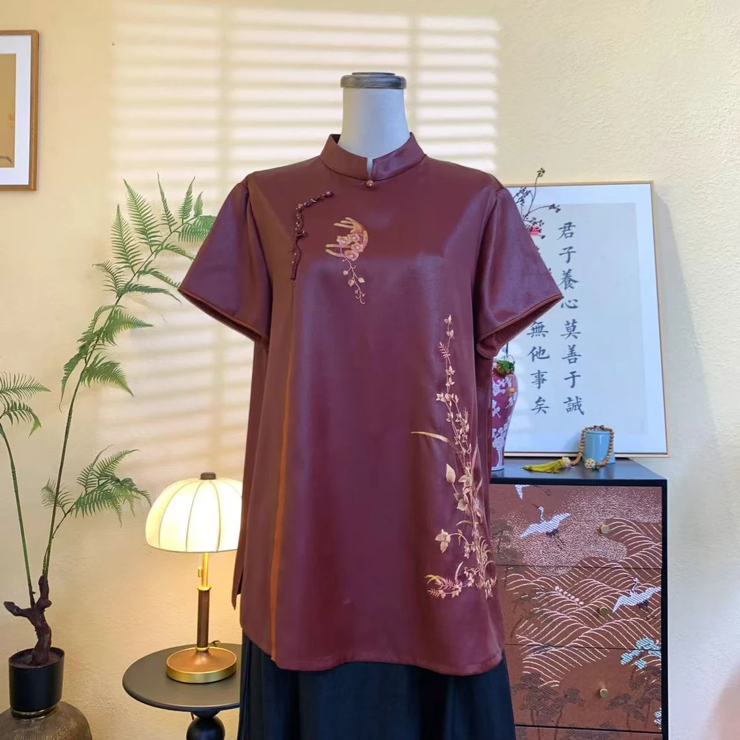 知羽.香云【书韵】桑蚕丝香云纱国风绣花新中式立领上衣ZY6031-1