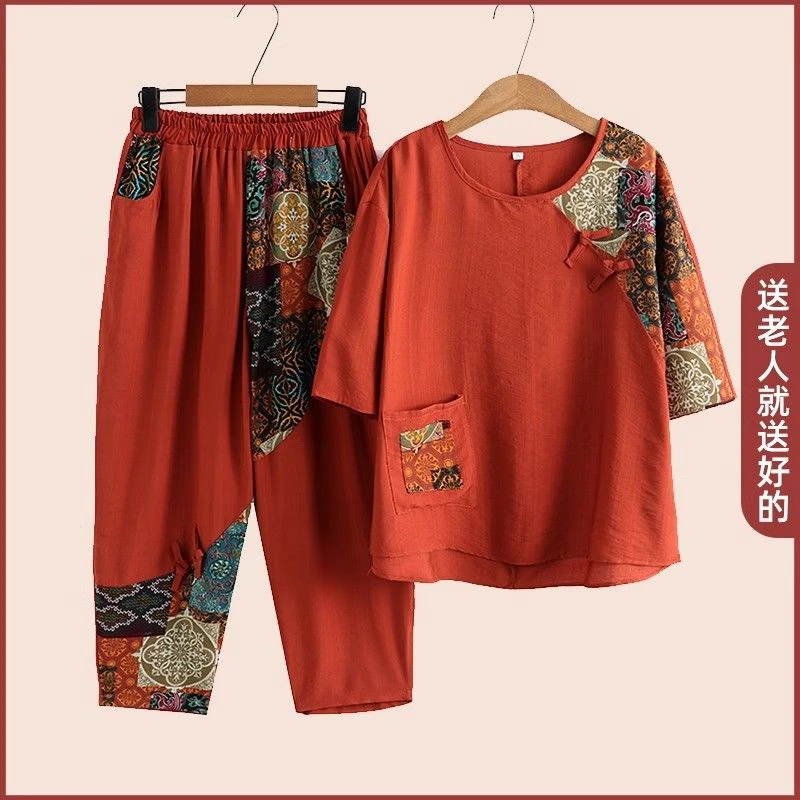 夏季中老年女装妈妈装新中式薄款短袖麻宽松两件套
