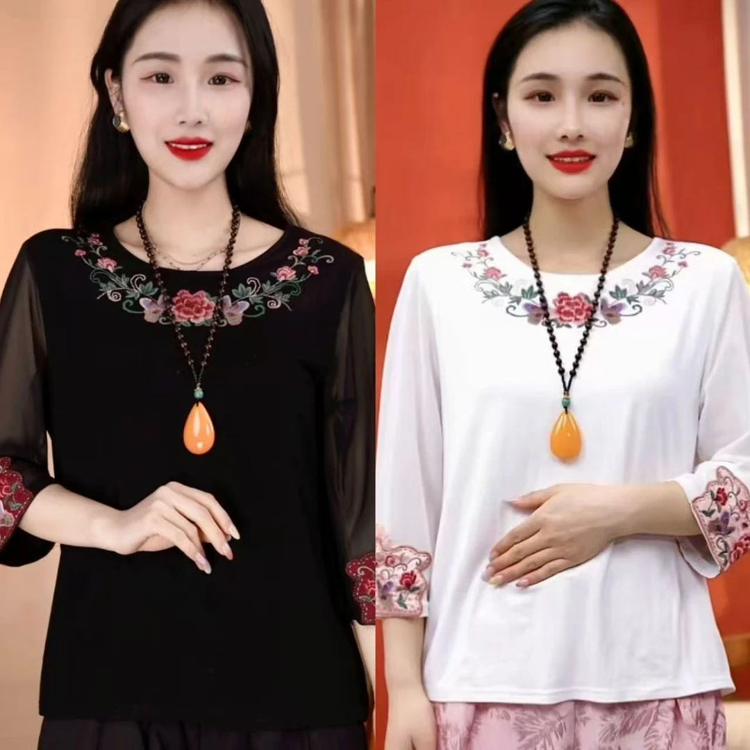 引卷  原创重工刺绣修身型圆领民族风七分袖T恤