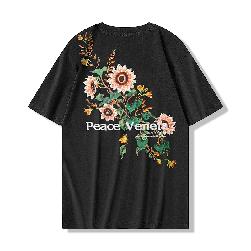 2025新款青春活力向日葵光变设计感花灰刺绣宽松圆领短袖T恤男女i