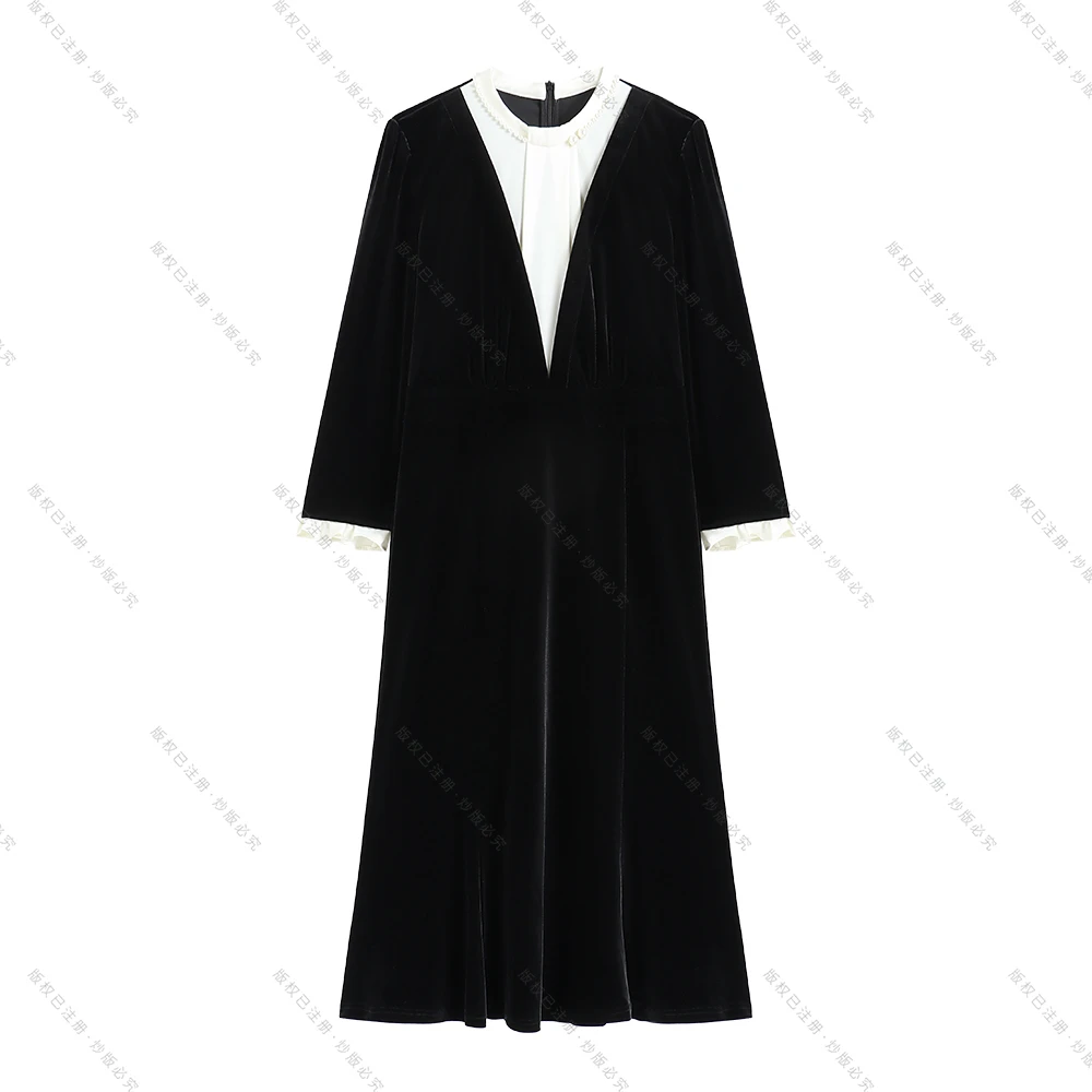 【南油虹姐】新款丝绒千金风挂脖款法式常规袖连衣裙中长款秋冬过膝