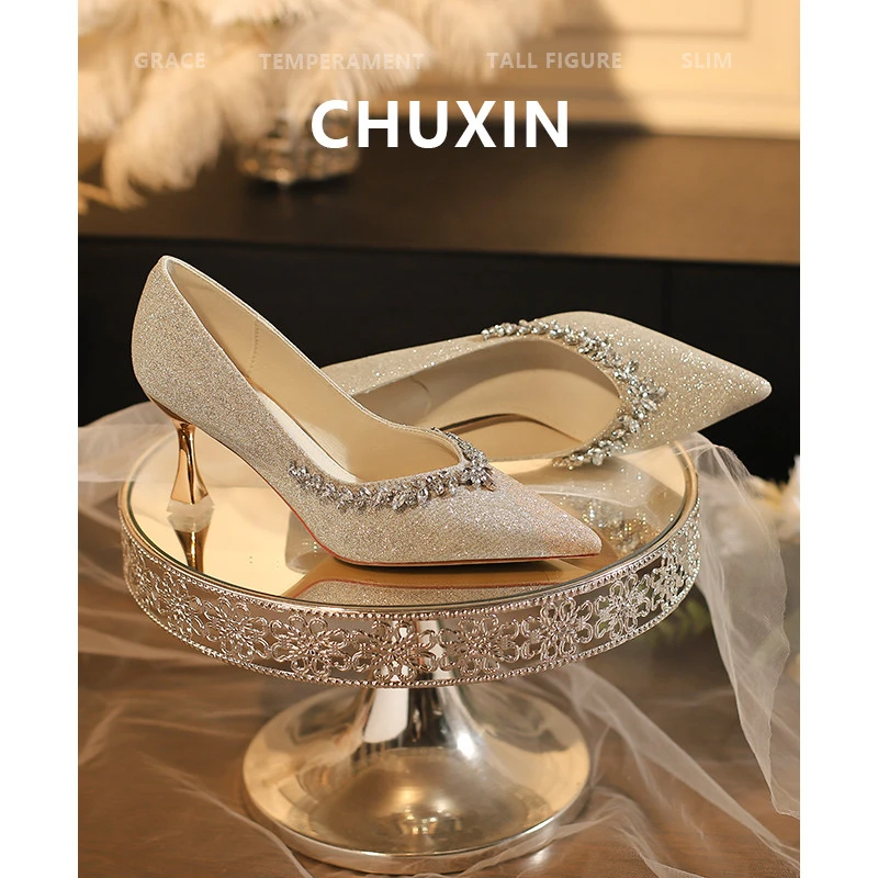 ~2025新款香槟色婚鞋新娘鞋女细跟中跟绝美高跟鞋配婚纱订婚