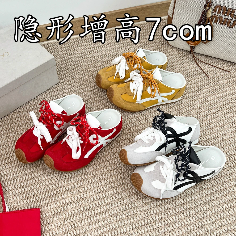 真皮版新款7cm内增高歪头包头德训鞋软底半拖休闲鞋轻便阿甘鞋