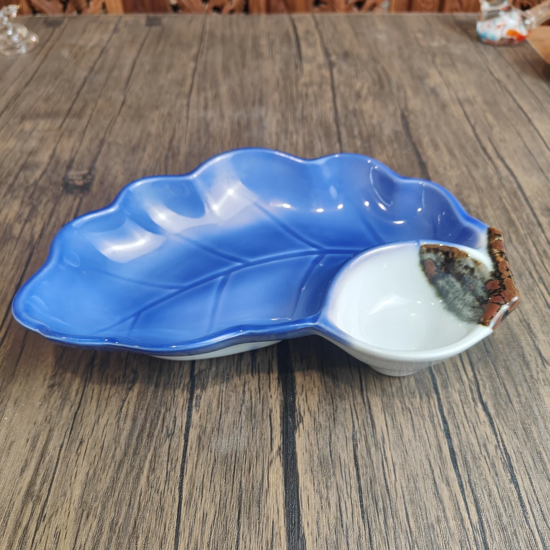 日本中古日式饺子盘 定窑异形不规则叶子 家用创意陶瓷