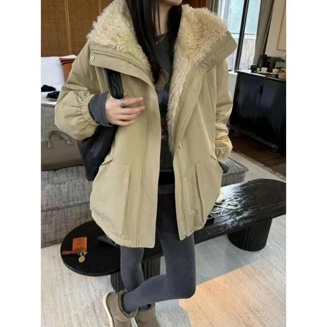 清A-MIGE 7295 羊羔毛拼接翻领保暖外套韩版休闲工装风派克羽绒服