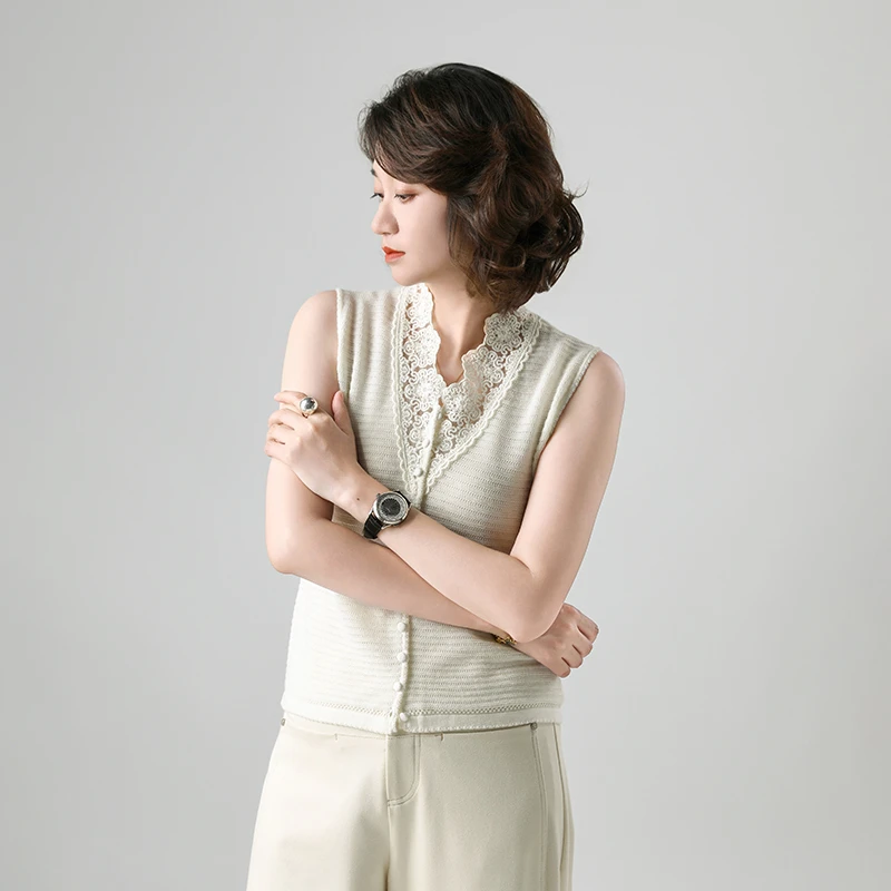 精纺细羊毛女士内搭背心无袖打底薄款针织打底衫蕾丝百搭通勤2636
