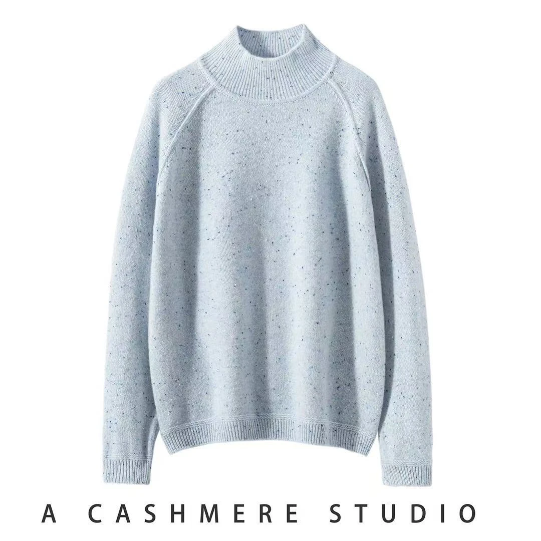 高端100%纯山羊绒女款半高领彩点宽松百搭打底衫