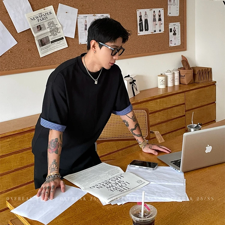 OXFREAK「niu风 高智感」撞色格子假两件短袖t恤男圆领宽松半截袖