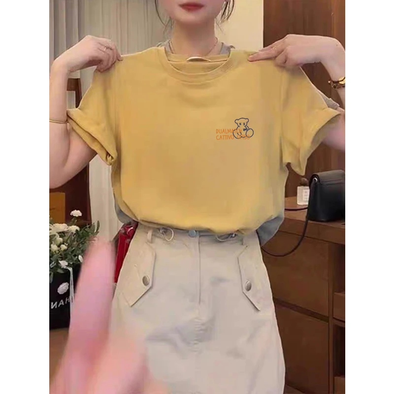黄色正肩纯棉短袖t恤女装小众时尚百搭洋气显瘦上衣基础款夏季潮