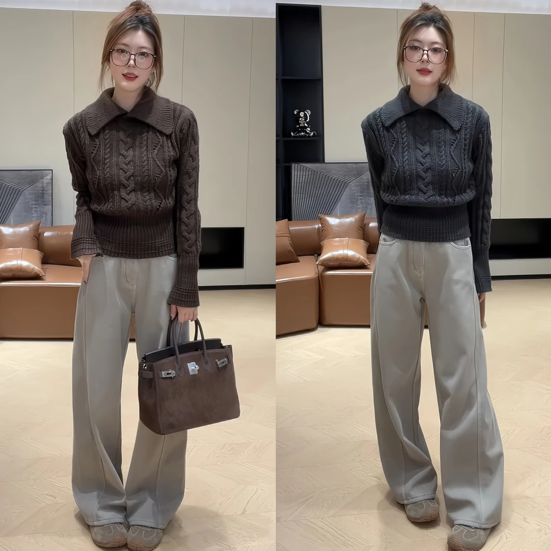 2025秋冬新款复古轻奢韩版翻领显瘦针织打底百搭舒适牛仔长裤套装