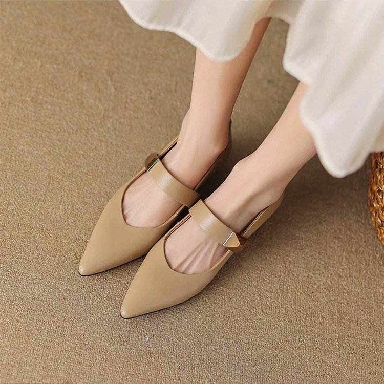 1508法式尖头浅口玛丽珍一字带低跟通勤真皮女鞋单鞋