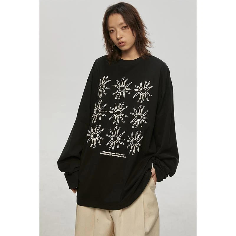 FROM WRTING字由韩系太阳花印花慵懒感长袖T恤女春季打底衫上衣男