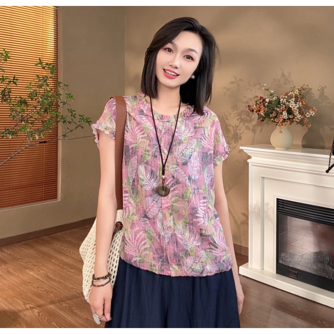 [思雨]Z652复古宽松显瘦上衣夏季新中式新款休闲短袖时
