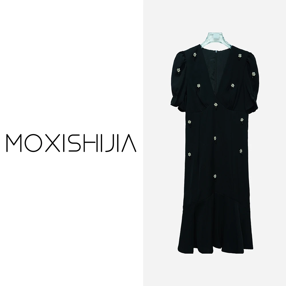 法式复古气质V领赫本风收腰鱼尾连衣裙X9235