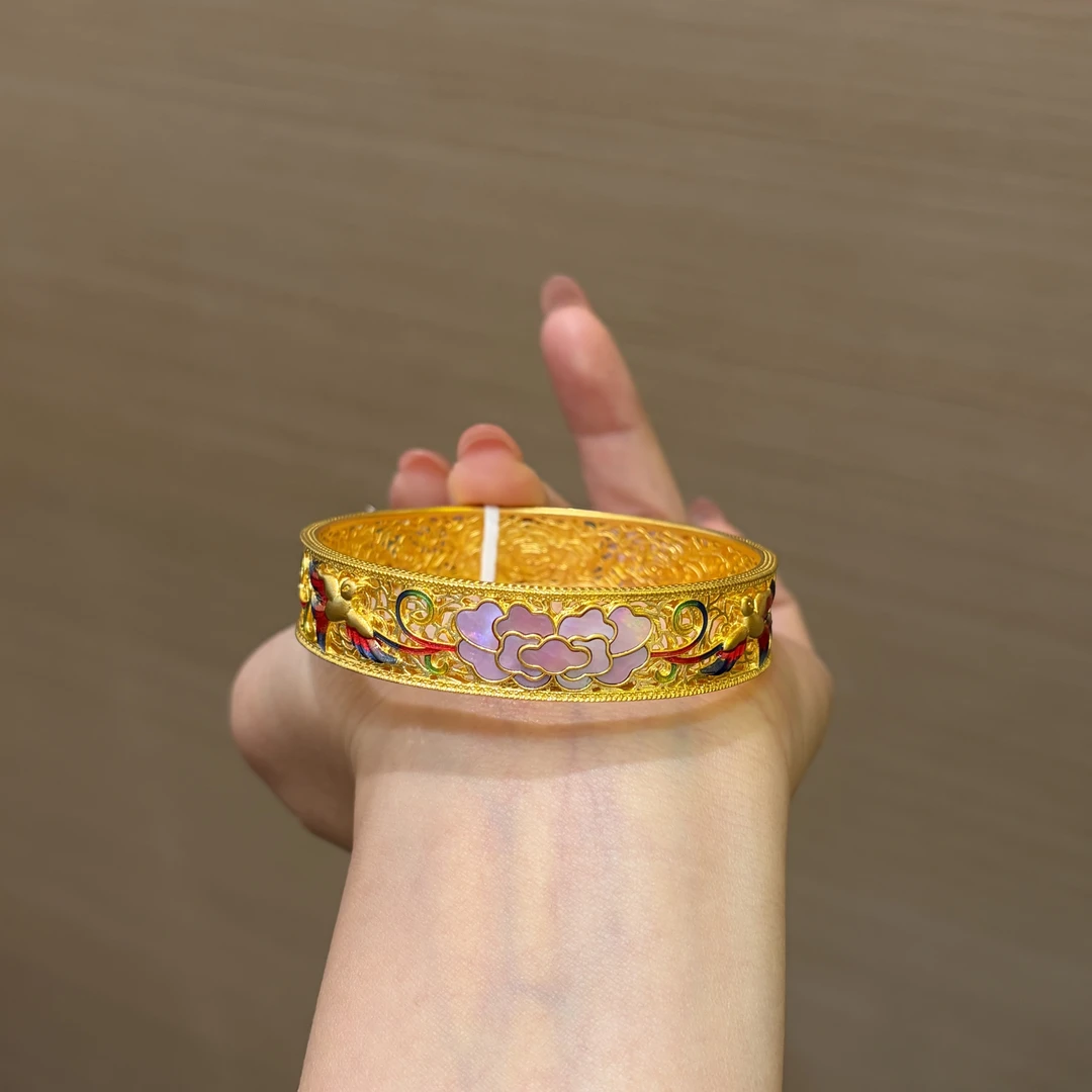 【菠萝珠宝】足金999 时尚螺钿珐琅金缕云双凤飞舞手镯