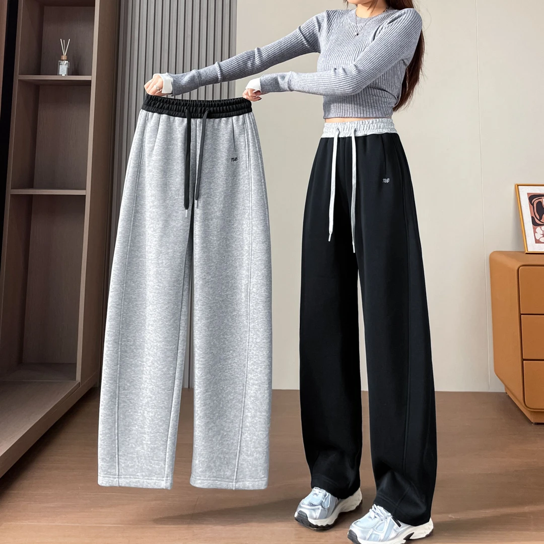 加绒运动卫裤女秋冬季高腰加厚直筒裤子保暖女裤休闲香蕉阔腿裤女