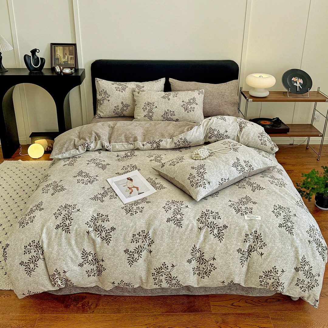 秋冬新款复古原麻皱皱纱四件套亚麻提花四季通用透气吸汗双人床