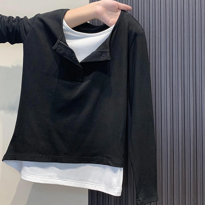 大码200斤韩系简约排扣正肩显瘦假两件上衣女春季新款时尚长袖t恤