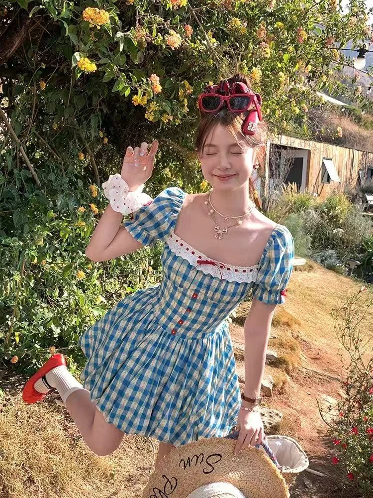 中长裙法式夏季复古泡泡袖格子方领收腰气质裙子大码连衣裙1512
