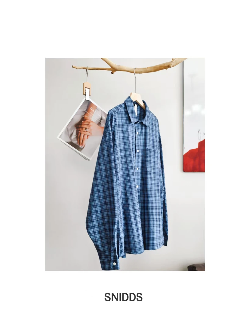 6/28 女士 美式复古棉质蓝格纹翻领慵懒衬衫