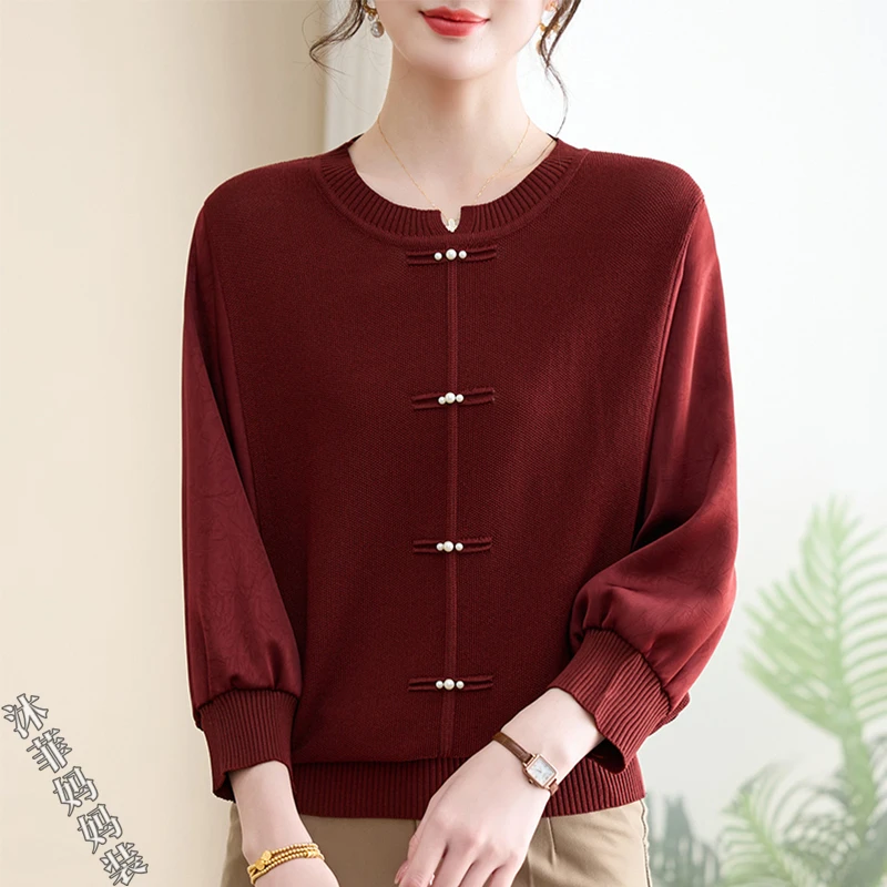 新中式气质妈妈装春秋国风上衣拼接针织衫中老年女装宽松洋气T恤