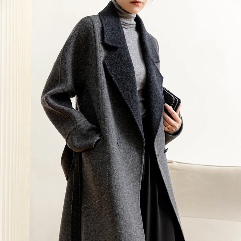 秋冬新款纯手工双面羊驼绒大衣女长款简约宽松高级感羊毛呢外套女