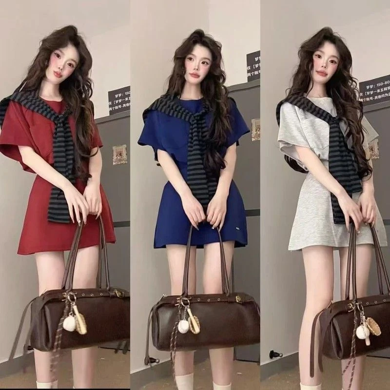 披肩三件套时尚韩系T恤休闲宽松上衣夏季半身裙新款两件套短裙潮