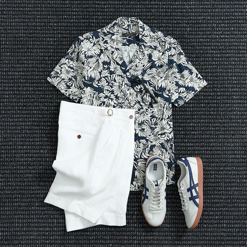 夏季轻薄透气夏威夷度假男士休闲古巴领短袖花衬衫牛仔韩版衬衣