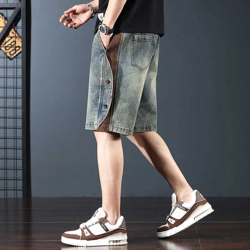 美式重磅新款拼接工装短裤男士夏季潮牌宽松休闲大码牛仔裤子男裤