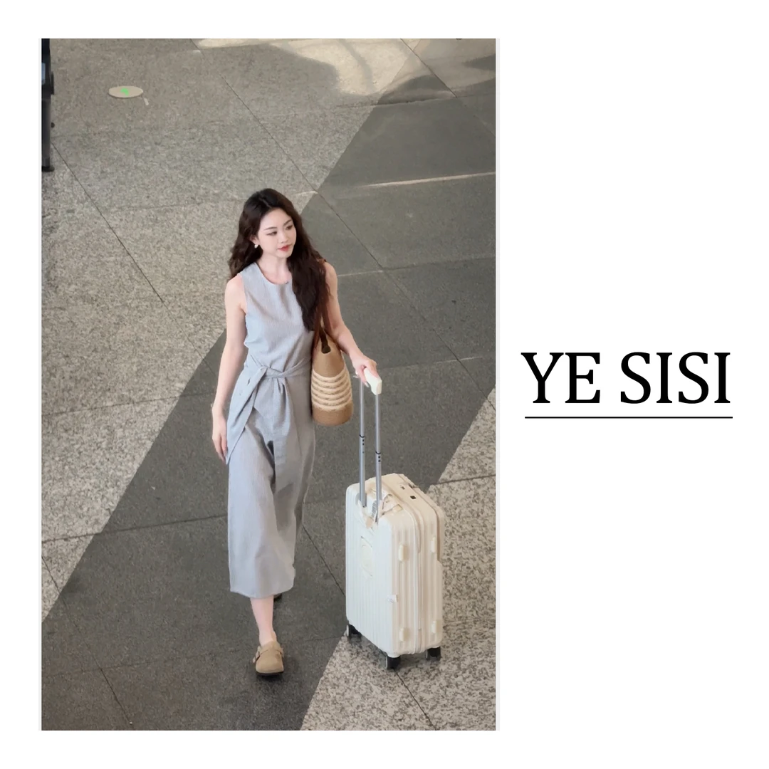 [YESISI]"条纹假期"韩系夏季复古显瘦气质背心无袖中长款连衣裙女