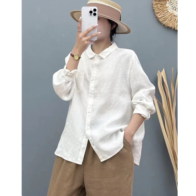 复古亚麻内里包边翻领长袖衬衫女春新款文艺宽松百搭显瘦休闲衬衣