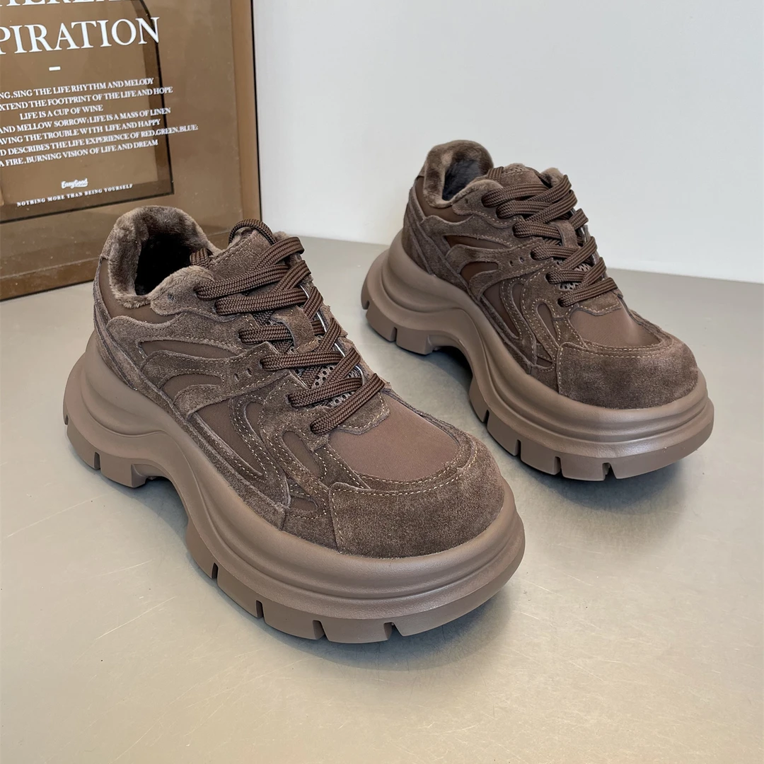SGIRL TWTW2025冬季加绒老爹鞋女美拉德棕色厚底松糕鞋休闲运动鞋