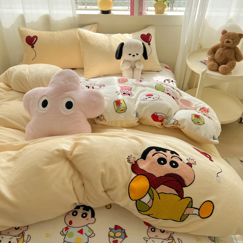 水星高端系列家纺冬季牛奶绒奶油黄卡通蜡笔小新毛巾绣四件套保暖