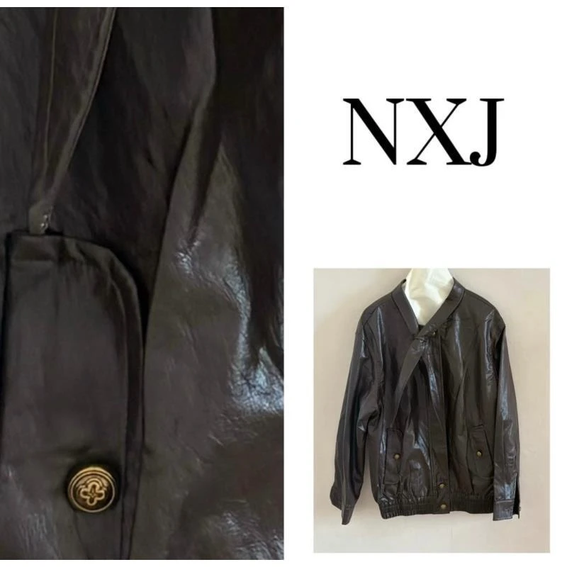NXJ【废土风】微胖大码 领带款老钱宽松大版软皮外套 250953