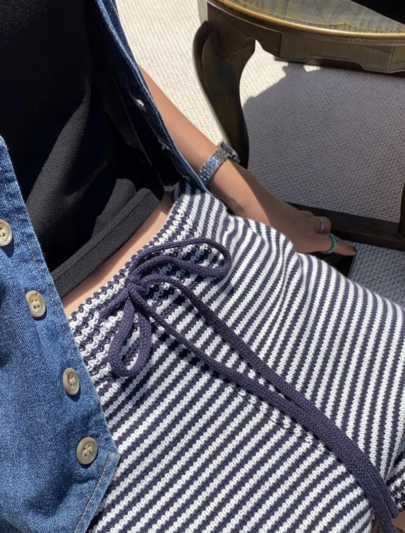 韩版显瘦条纹运动针织短裤女夏季韩版修身宽松舒适百搭家居裤外穿