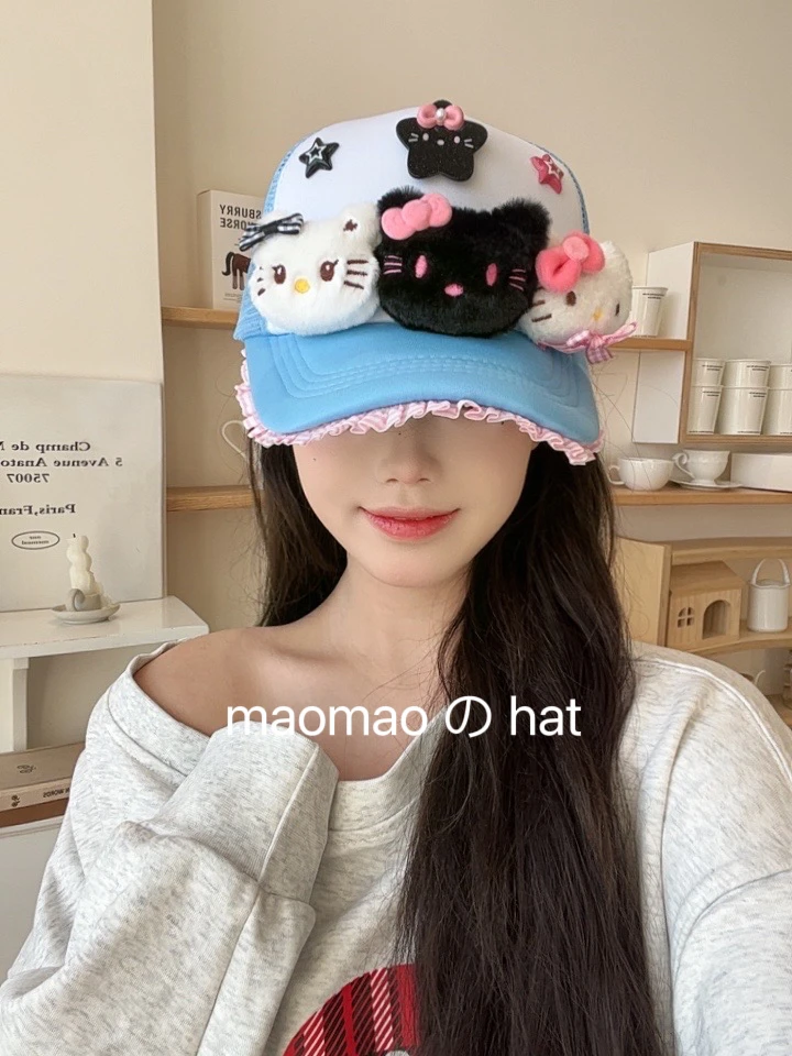 可爱kitty猫蓝色鸭舌帽女2025夏季新款亚比风y2k辣妹宽帽檐棒球帽