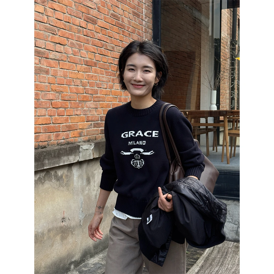 LANGQING 纯棉字母提花套头长袖圆领针织衫46086#