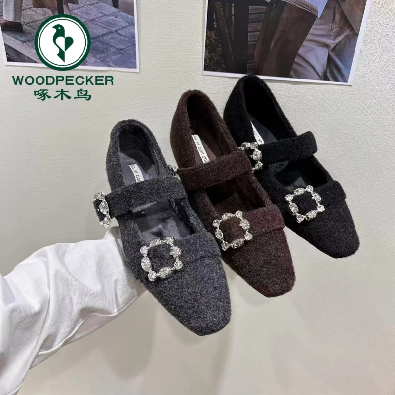 啄木鸟 内增高3CM法式加绒水钻单鞋女秋冬2025新款玛丽珍通勤单鞋