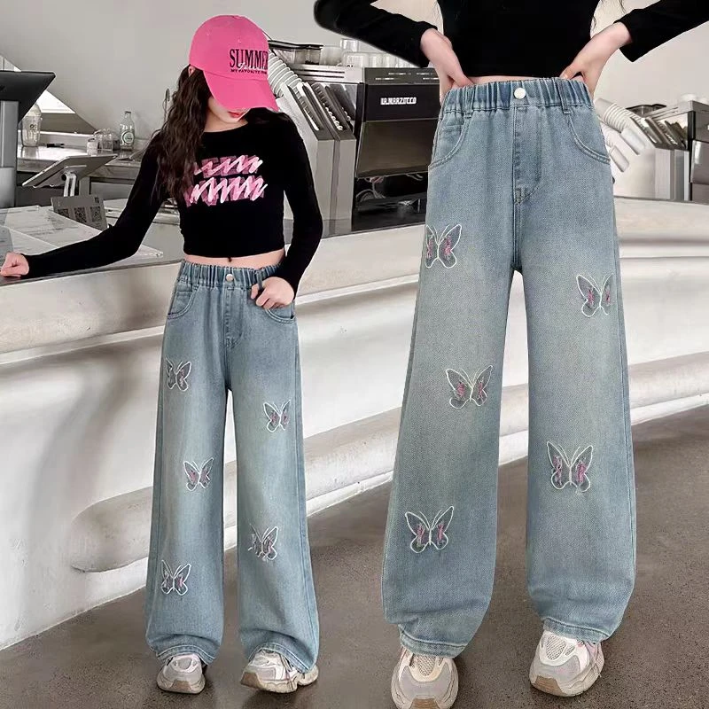 女童春季刺绣蝴蝶牛仔裤儿童洋气时髦直筒阔腿裤女大童百搭长裤子