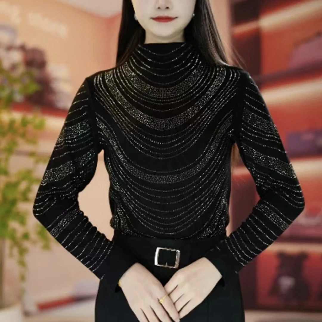 秋冬新款修身显瘦时尚半高领烫钻长袖打底衫大码遮肚子减龄小衫