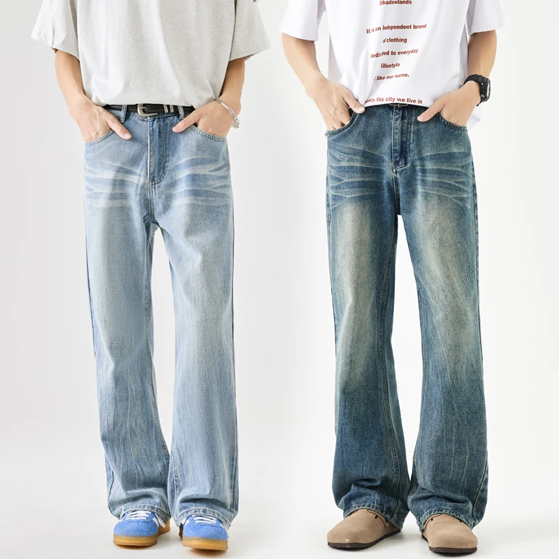 2025春夏美式cleanfit半松紧腰水洗浅蓝牛仔裤男生宽松直筒微喇裤