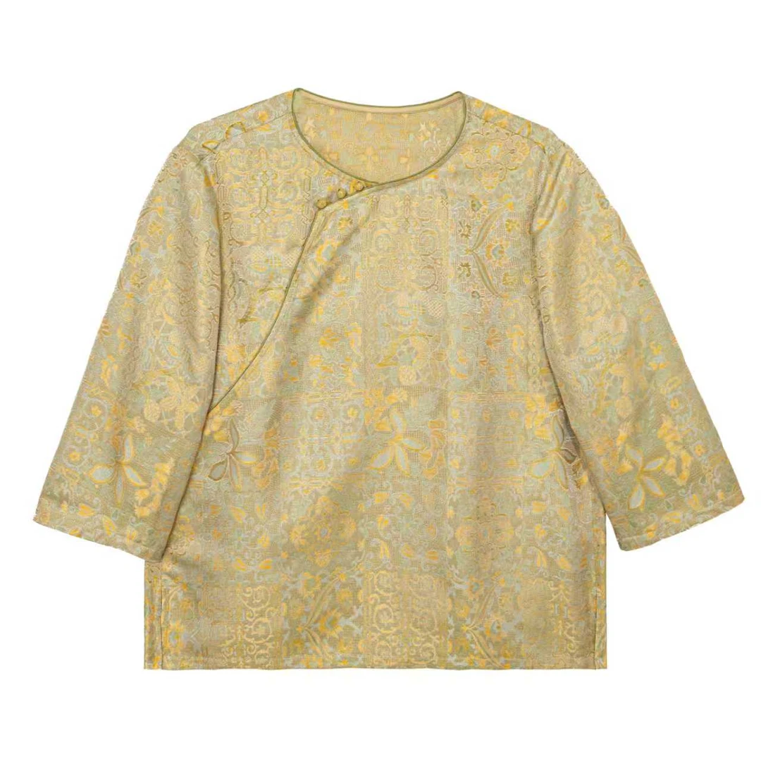 【洛心】新中式宋锦桑蚕丝圆领斜襟时尚国风气质百搭上衣B517173