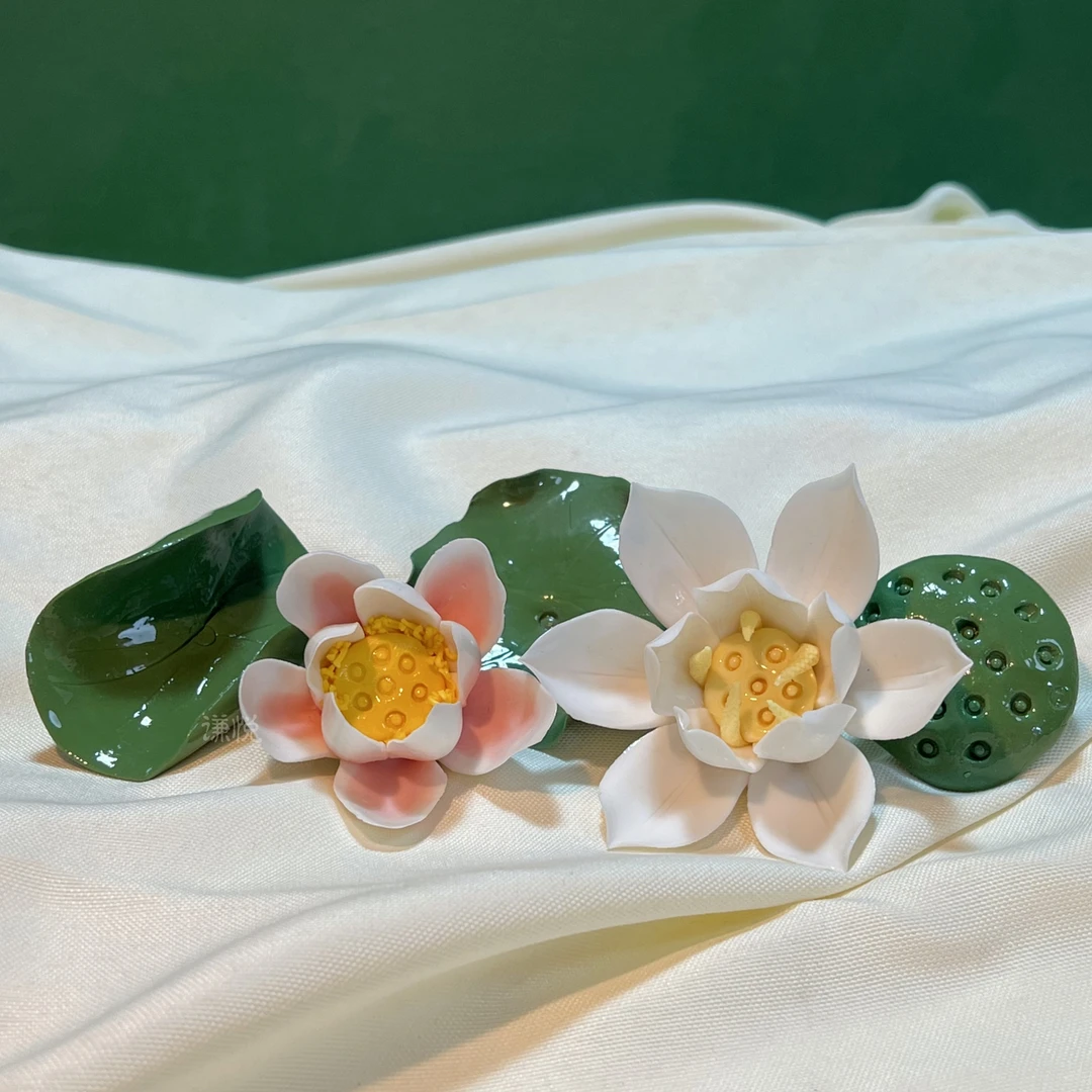 （荷家欢乐）创意手工陶瓷荷花铁杆五件套新中式客厅茶室桌面摆件