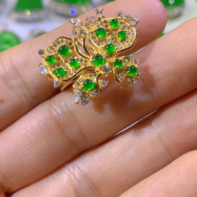 【闪购商品】银S925镶嵌挂件翡翠天然翡翠戒指胸针二用款