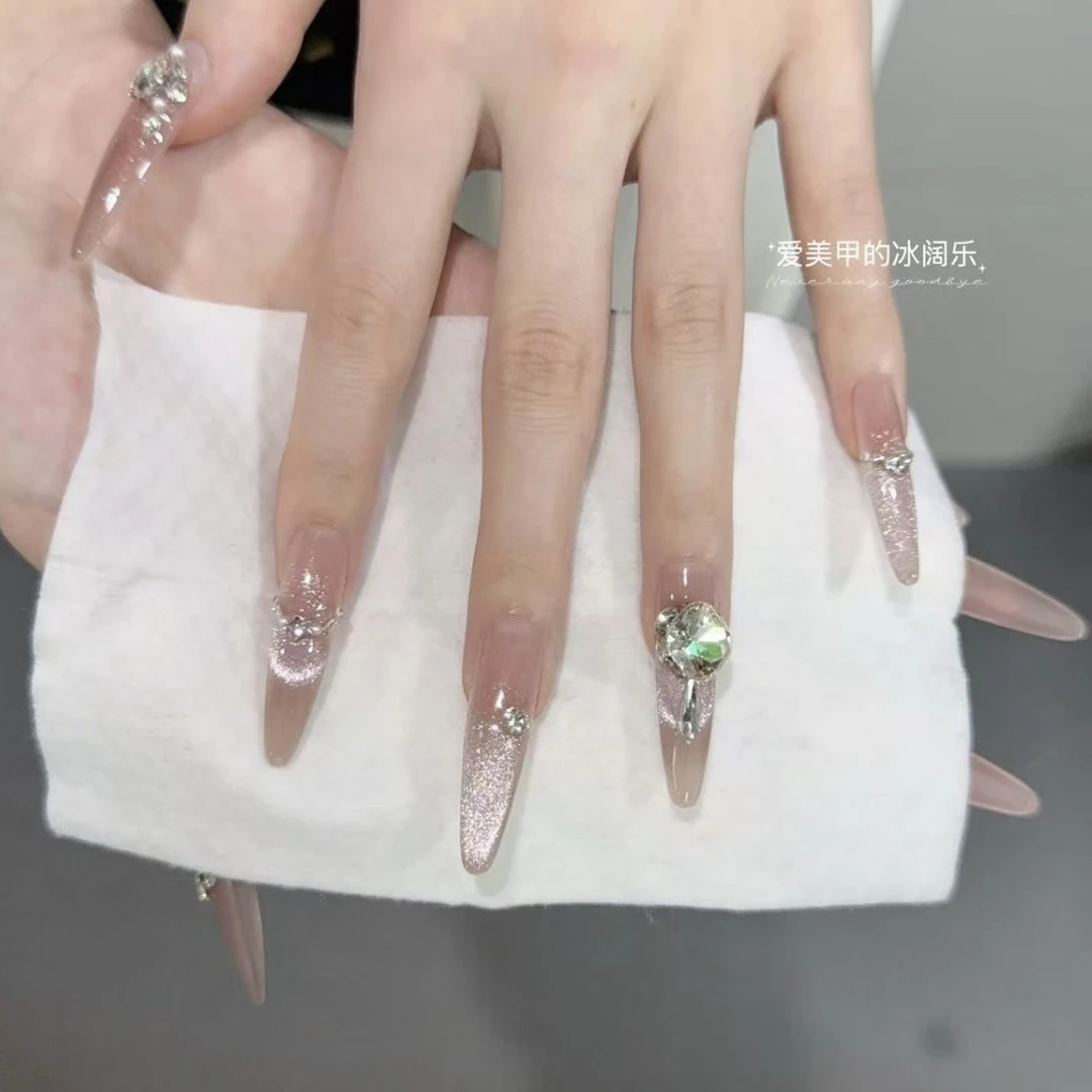 【半棠】一只猫·氛围感爆闪蜜桃粉星河猫眼珍珠滴泪手工美甲穿戴甲