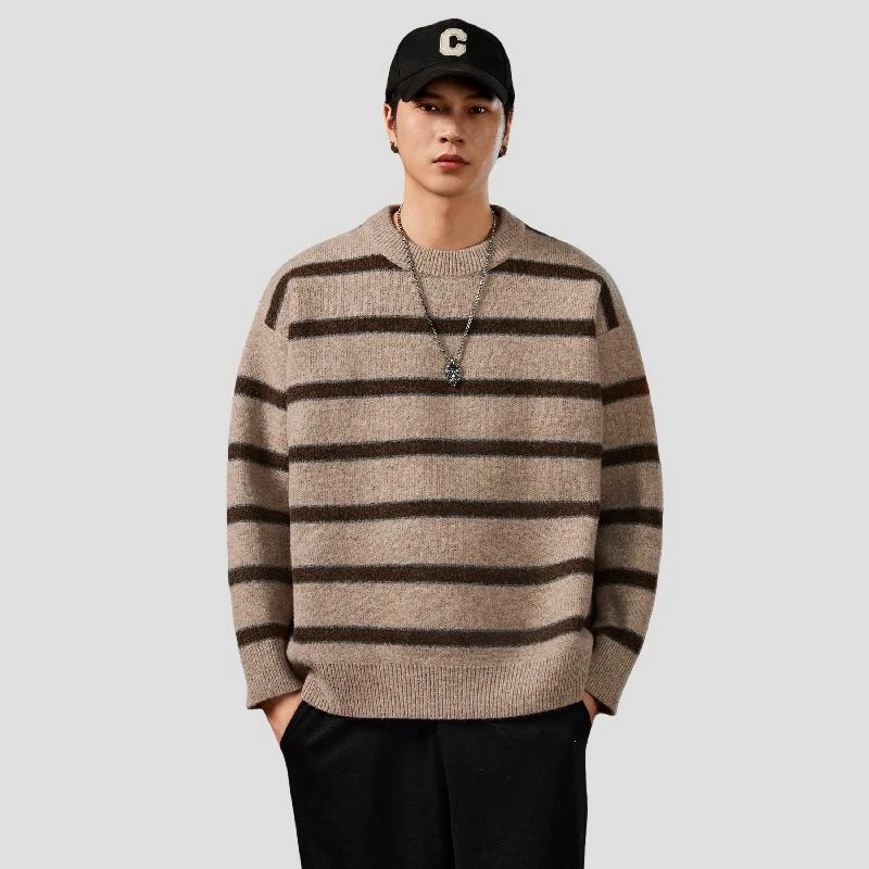 ALLIN秋冬新款复古加厚2025套头撞色条纹毛衣男宽松针织衫