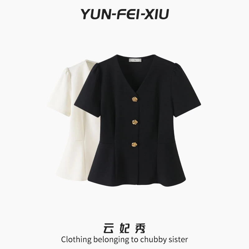 云妃秀大码女装T恤纯色气质V领短袖洋气减龄上衣夏季68301