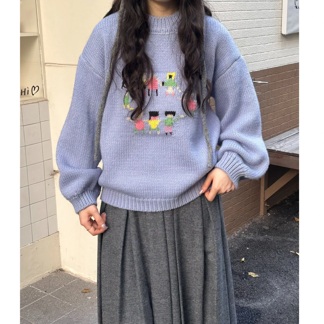 【童趣】毛衣秋冬圆领宽松百搭休闲彩色小人毛衣